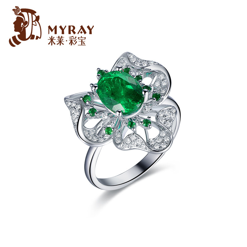 米莱珠宝天然祖母绿宝石戒指女18K金群镶嵌钻石戒指首饰彩宝定制