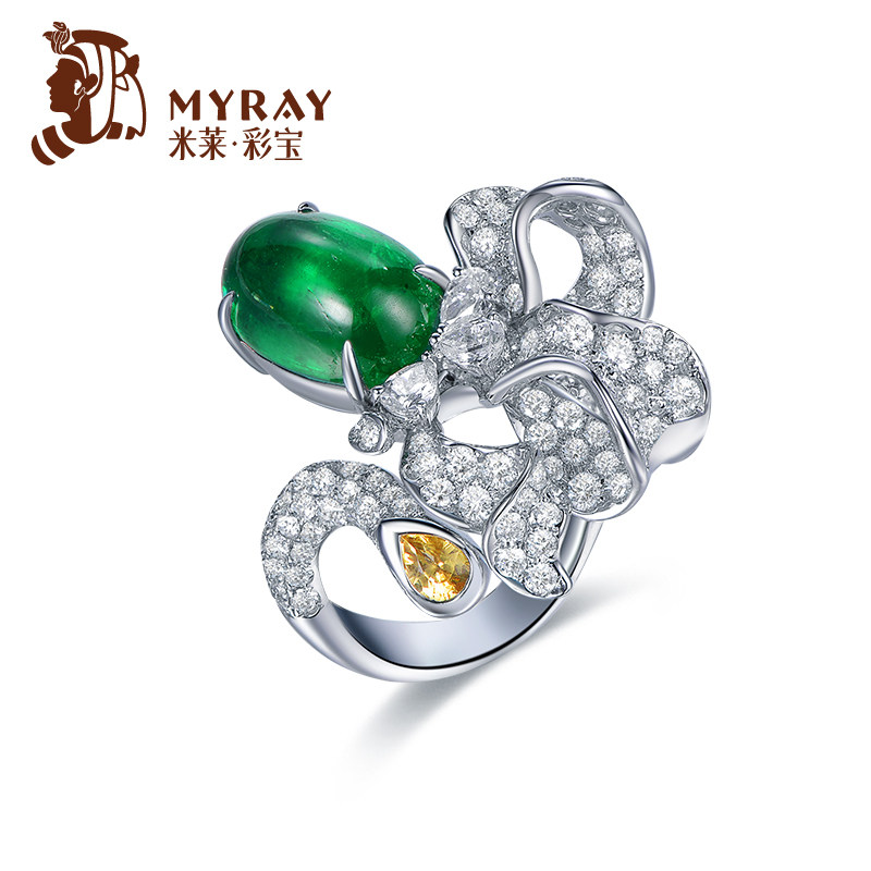 米莱珠宝天然祖母绿戒指女18K金群镶嵌梨形黄宝钻石戒指彩宝定制
