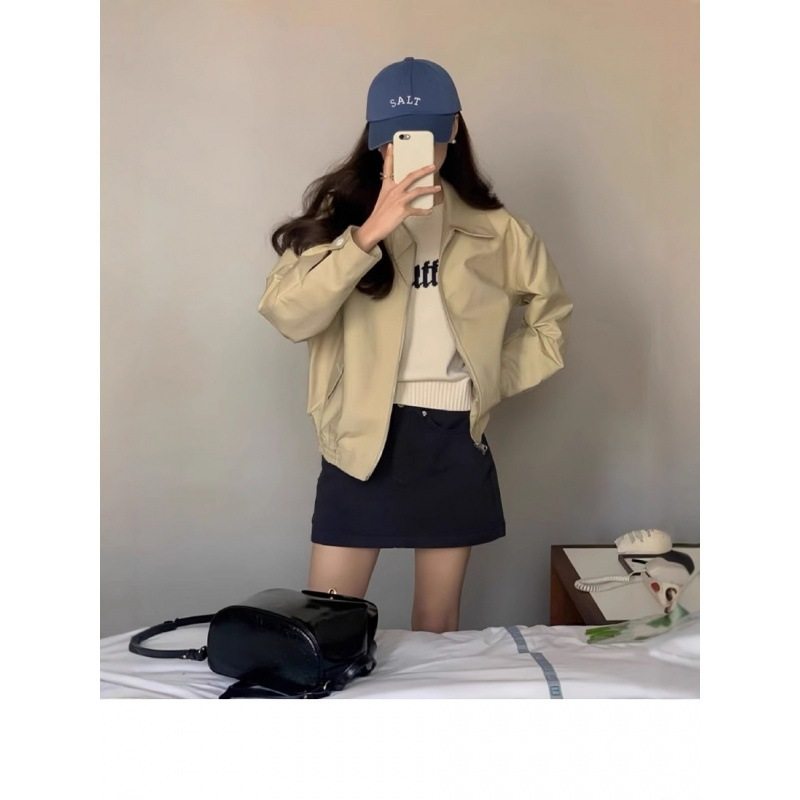 短款工装外套女2026春季新款高级感小个子休闲宽松翻领棒球服夹克