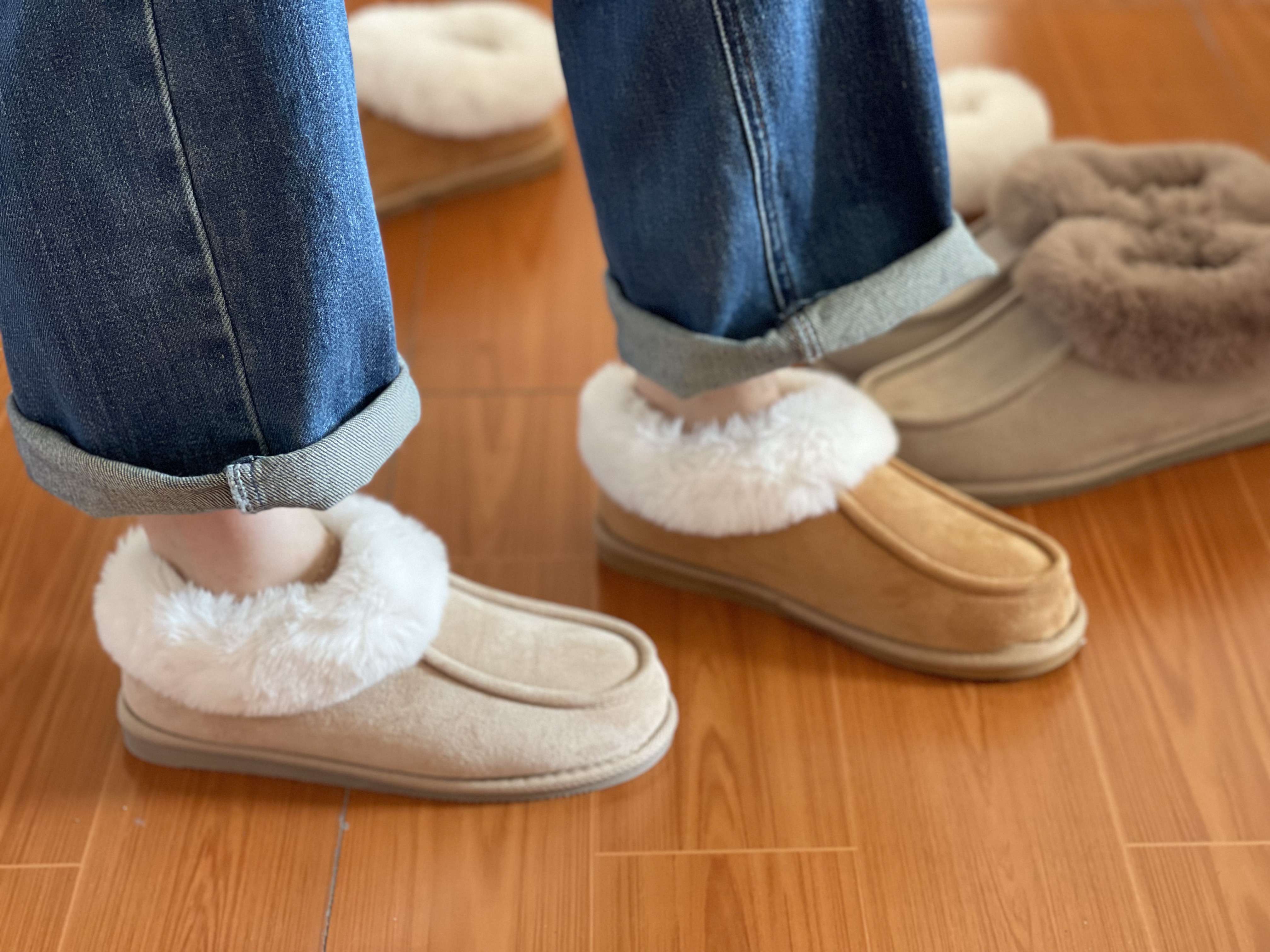 外贸余单真皮绒包头踩屎感女居家百搭棉鞋室内鞋家居鞋橡胶防滑底