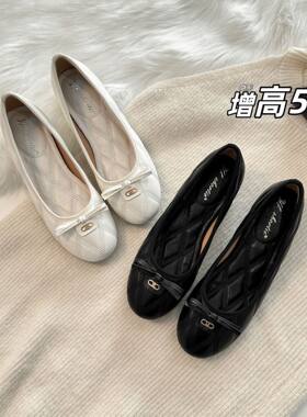 羊皮版内增高5CM蝴蝶结菱格圆头玛丽珍鞋女小个子一脚蹬浅口单鞋