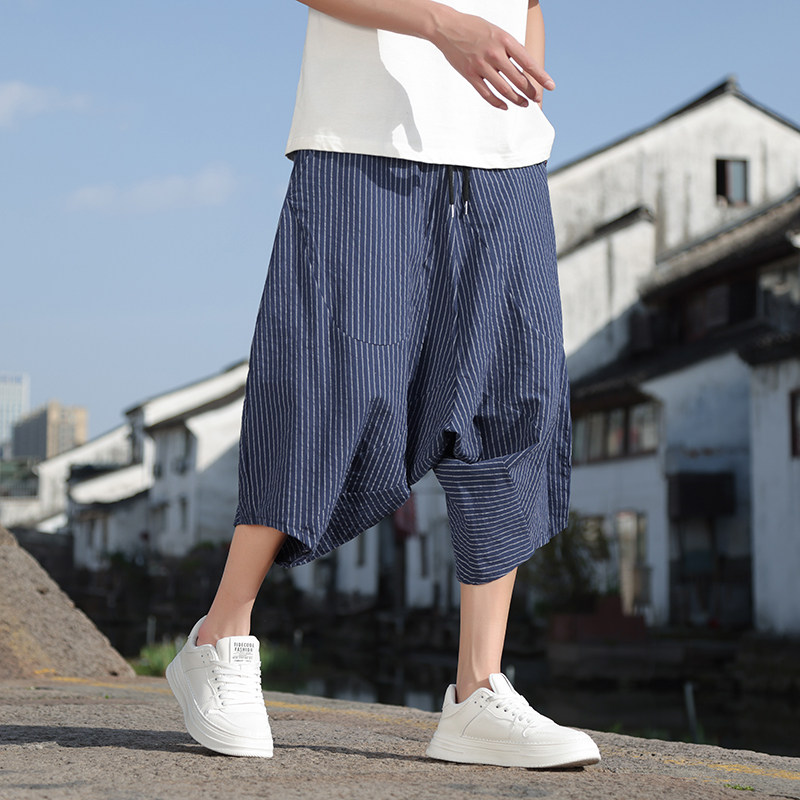 风七分裤男夏季条纹阔腿灯笼裤宽松休闲大裆裤子219-WK03-P45,男装牛仔裤,星座219