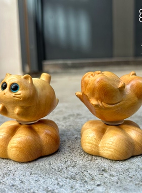 黄杨木雕转转猫咪茶宠摆件猫咪可爱萌猫茶玩办公室桌面装饰工艺品