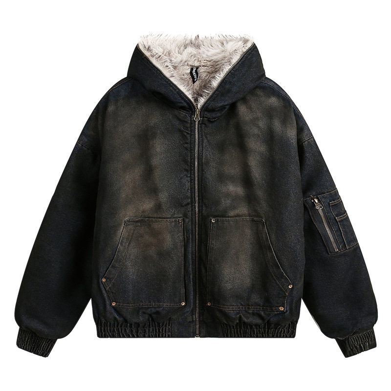 JEEP SPIRIT座山雕加厚棉服洗水牛仔男女短毛绒情侣穿搭外套