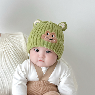 婴儿帽子秋冬款小月龄超萌青蛙针织帽冬季男女宝宝可爱保暖毛线帽