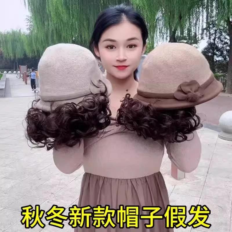 秋冬帽子假发一体女羊毛呢帽子