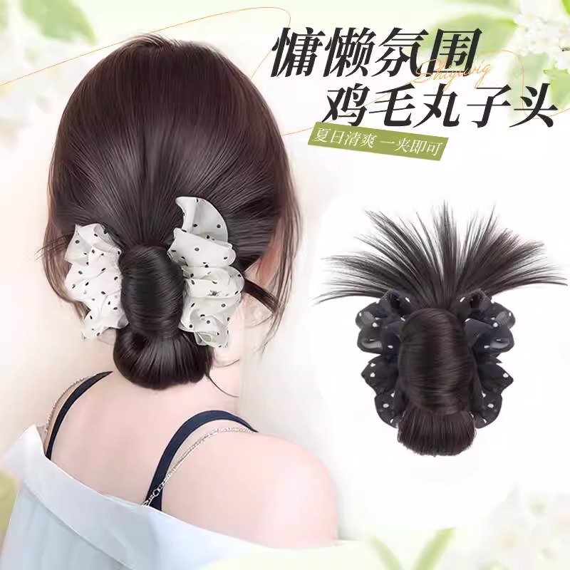 低扎丸子头假发女波点抓夹