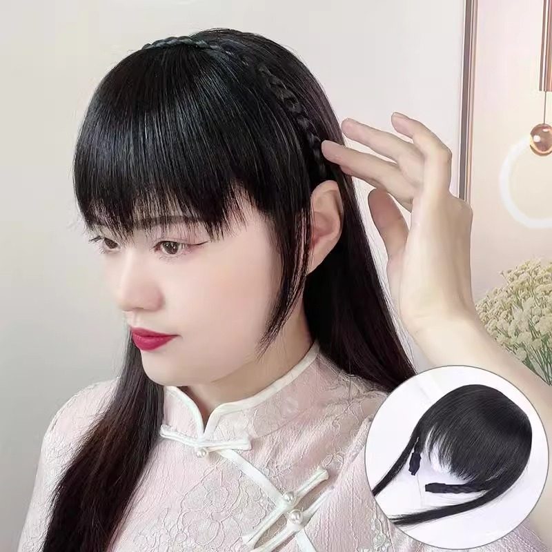 假发辫子发箍刘海一体真发前额头帘鬓角遮白发碎齐刘海假发片减龄