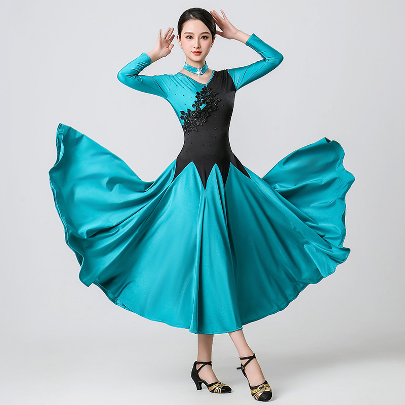 舞嫚婵新款加厚摩登舞练习服装广场舞连衣裙跳舞裙子镶钻弹性大摆
