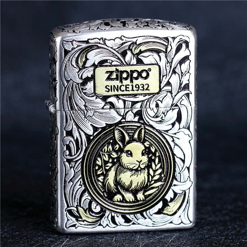 zippo芝宝煤油防风打火机错金银五面雕刻盔甲机唐草生肖兔 限量版