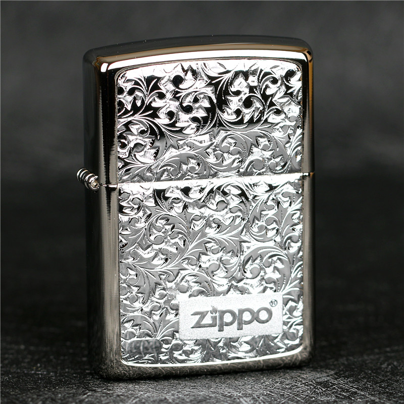 zippo芝宝煤油防风打火机日版原装KR-8贴章纯银唐草 男女同款收藏