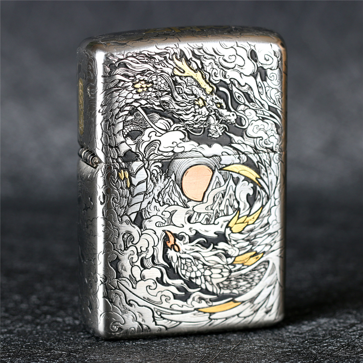 zippo芝宝煤油防风打火机 错金银五面雕刻铠甲机 龙凤呈祥 限量版