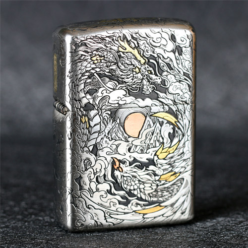 zippo芝宝煤油防风打火机 错金银五面雕刻铠甲机 龙凤呈祥 限量版