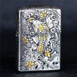 zippo芝宝煤油防风打火机 错金银钢套铠甲机 五面雕刻达摩鱼 男士