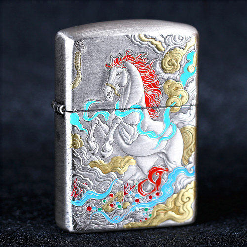 zippo芝宝煤油防风打火机 盔甲机浮雕刻生肖马 马上有钱 男士礼物