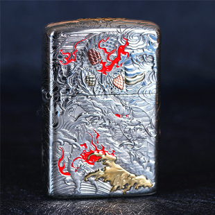 zippo芝宝煤油防风打火机错金银钢套铠甲机五面雕刻龙凤呈祥 男士