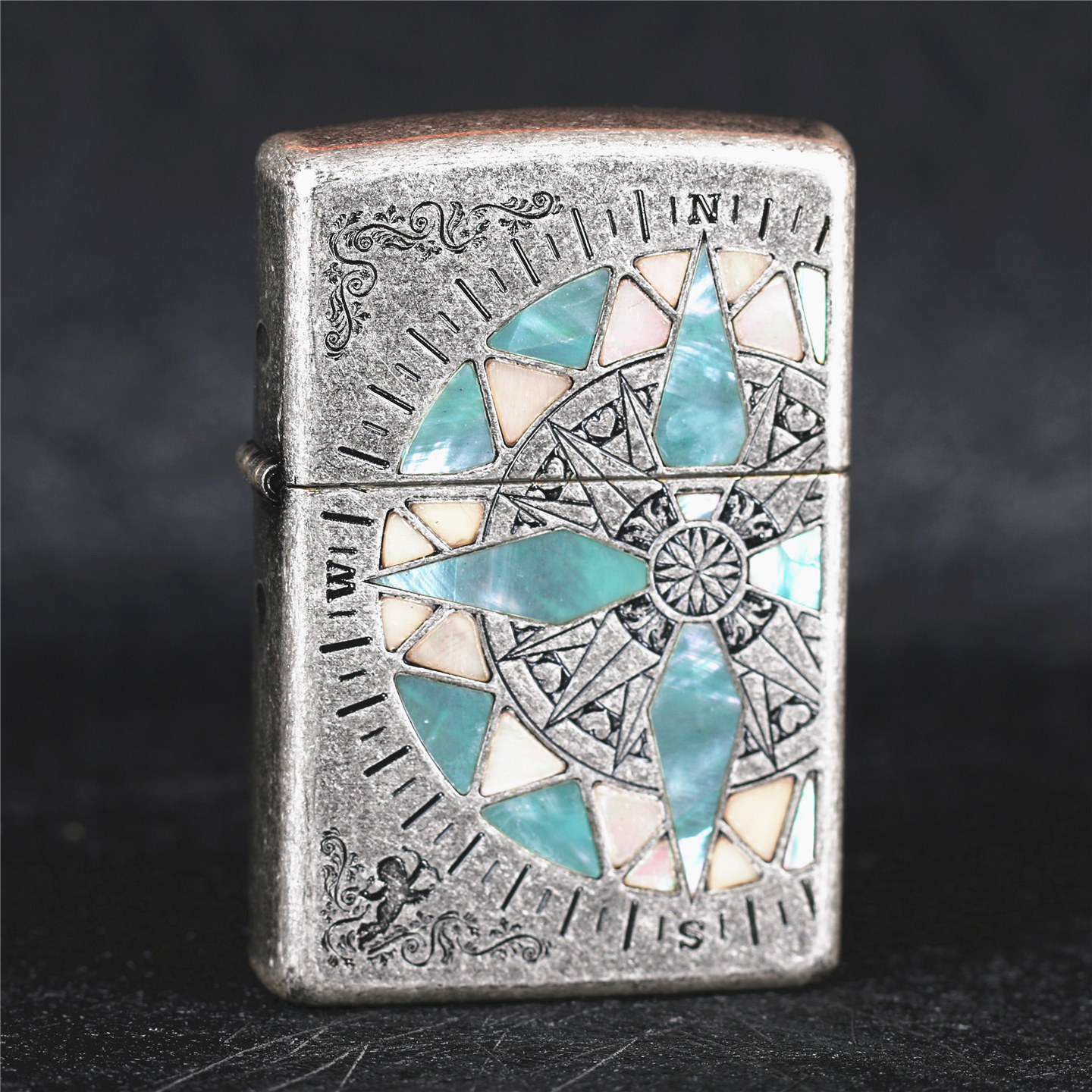 zippo芝宝煤油防风打火机古银双面雕刻罗盘镶嵌天然贝壳 男士礼物