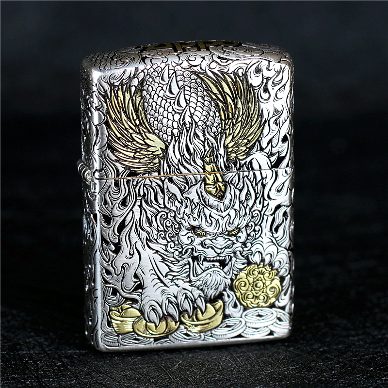 zippo芝宝煤油防风打火机镀银雕刻貔貅错金银盔甲机 男士礼物收藏
