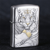 zippo芝宝煤油防风打火机镀银做旧盔甲机浮雕刻白虎女郎 礼物 男士