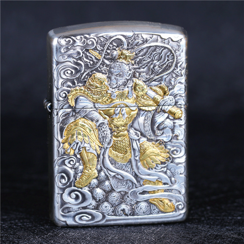 zippo芝宝煤油防风打火机镀银盔甲机鬼王双面雕刻封侯拜相 黑悟空