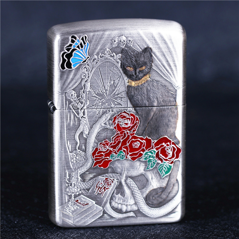 zippo芝宝煤油防风打火机古银重盔甲铠甲机 双面雕刻 破镜猫蝴蝶