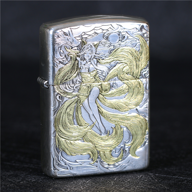 zippo芝宝煤油防风打火机镀银盔甲机立体浮雕刻九尾狐妖 男士礼物