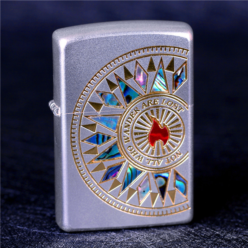 zippo芝宝煤油防风打火机镀铬 天然贝壳双面 罗盘爱琴海 男士礼物