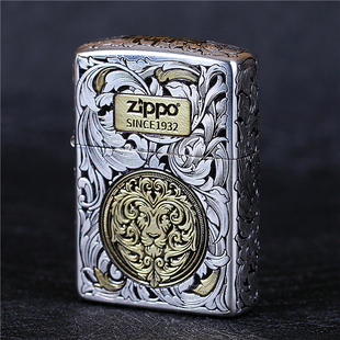 zippo芝宝煤油防风打火机错金银五面雕刻盔甲机唐草狮子 男士礼物