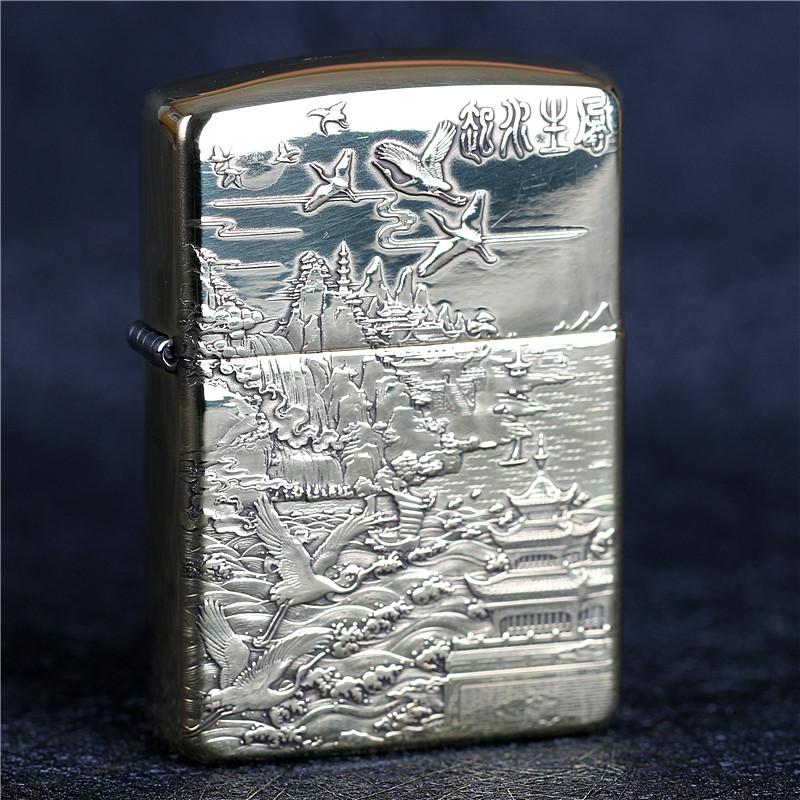zippo芝宝煤油防风打火机 纯铜盔甲机立体浮雕刻 风生水起 山水图
