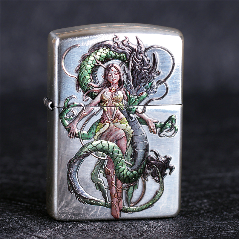 zippo芝宝煤油防风打火机 盔甲机双面浮雕刻彩绘 小龙女青龙 男士