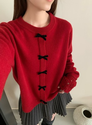 2025新款蝴蝶结圣诞毛衣女洋气减龄针织开衫简约百搭上衣红色新年