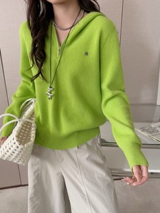 半拉链连帽针织衫 宽松显瘦百搭毛衣上衣纯羊毛糖果色 女秋冬新款