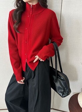 半高领双拉链针织开衫女秋冬韩版纯羊毛外套洋气百搭宽松毛衣