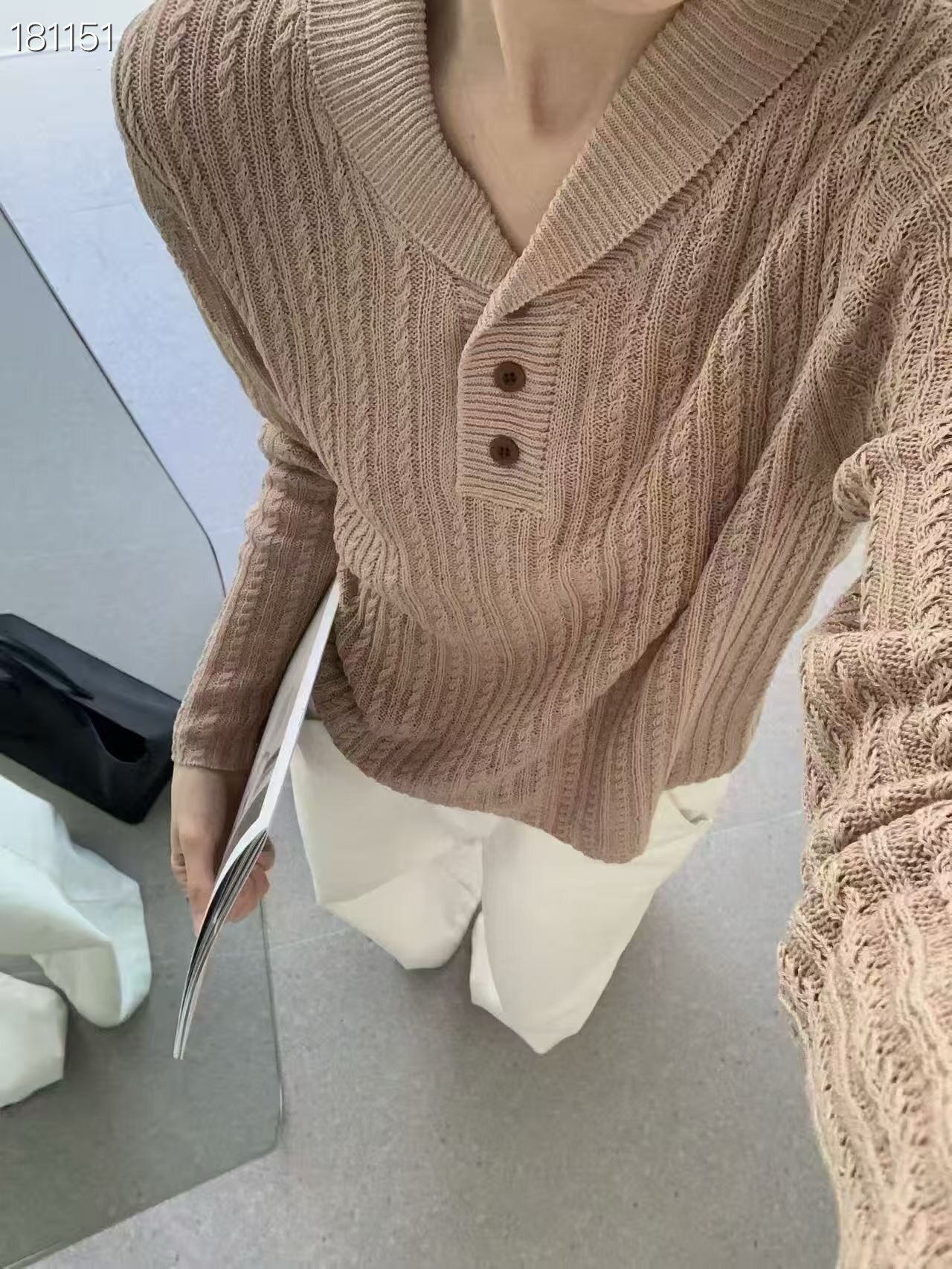 老钱风麻花翻领半纽扣纯色长袖针织衫韩版宽松减龄气质套头上衣