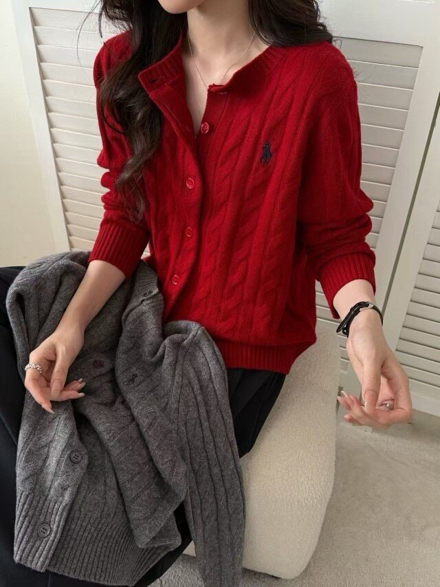 2025新款圆领小马标刺绣羊毛衫开衫女麻花简约美式针织衫加厚保暖