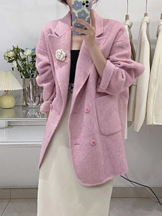 2024桑蚕丝兔绒双面羊绒大衣女西装秋新款袖标宽松大码羊毛呢外套