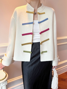 红色新中式大气双面羊绒短款大衣女秋冬季复古盘扣保暖毛呢外套潮