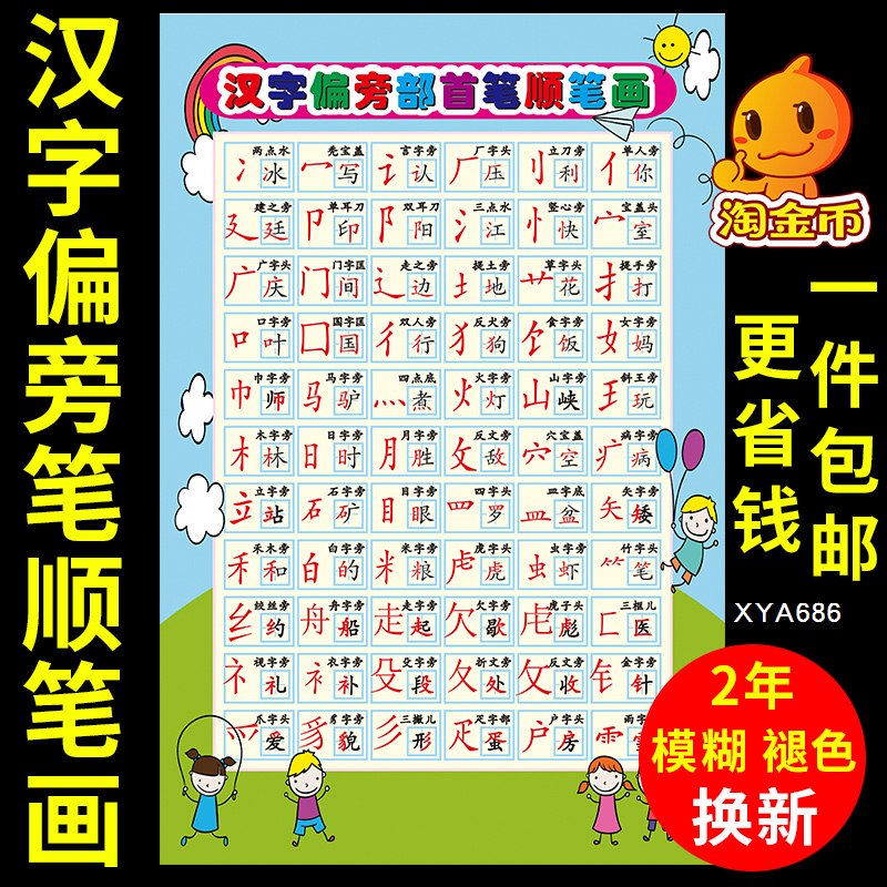 汉字笔画笔顺规则表名称表挂图画间架结构田字格墙贴偏旁部首海报