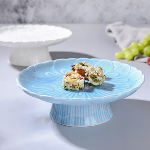 日本料理创意餐具蓝色高脚果盘菊割高台日料寿司盘日式生鱼片盘子