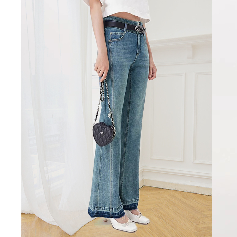 复古蓝色高腰微喇叭牛仔裤女春季新款显瘦弹力修身拖地长裤提臀潮