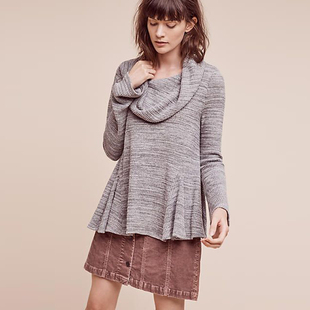 AN系女装春季新款堆堆领毛针织衫时尚大码宽松高领裙摆收腰毛衣