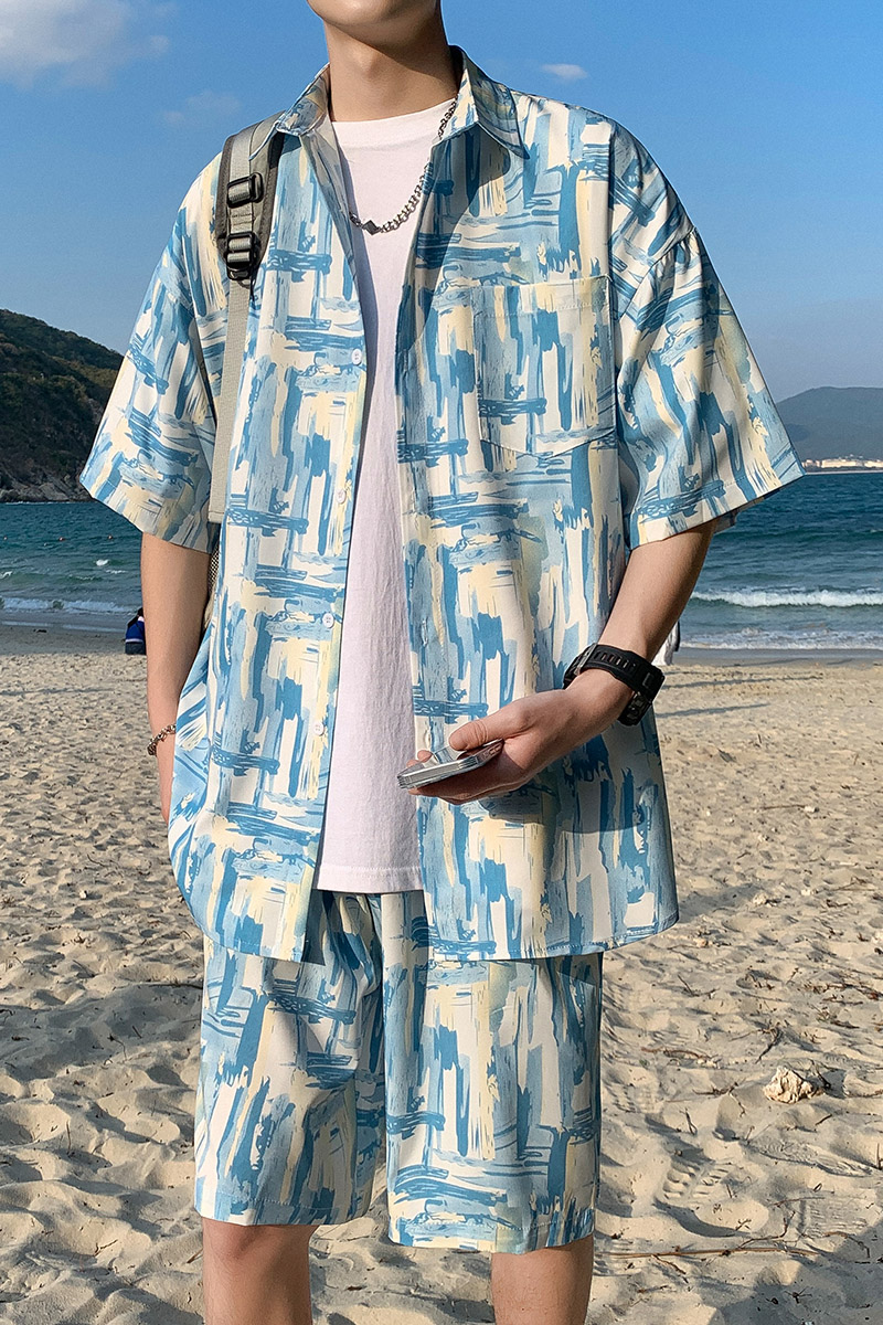 25夏装新款海滩涂鸦冰丝短袖衬衫套装沙滩裤A093-TZ076-P58,男装衬衫,电商A093