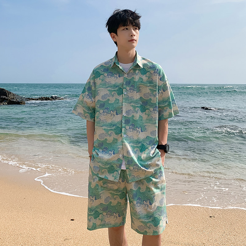 A093-TZ525-P58控78冰丝印花短袖衬衫套装浅绿色，男装T恤，电商A093