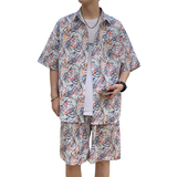 A093-TZ528-P58控78冰丝印花短袖衬衫套装粉绿系，男装T恤，电商A093