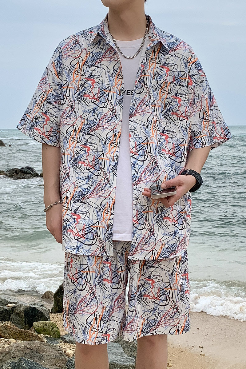 A093-TZ528-P58控78冰丝印花短袖衬衫套装粉绿系,男装T恤,电商A093
