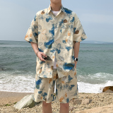 A093-TZ527-P58控78冰丝印花短袖衬衫套装绿色，男装T恤，电商A093