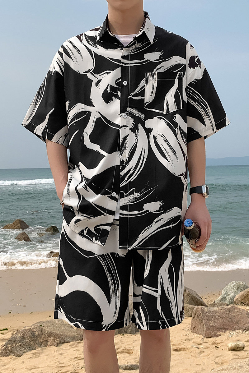 A093-TZ526-P58控78冰丝印花短袖衬衫套装黑色,男装T恤,电商A093
