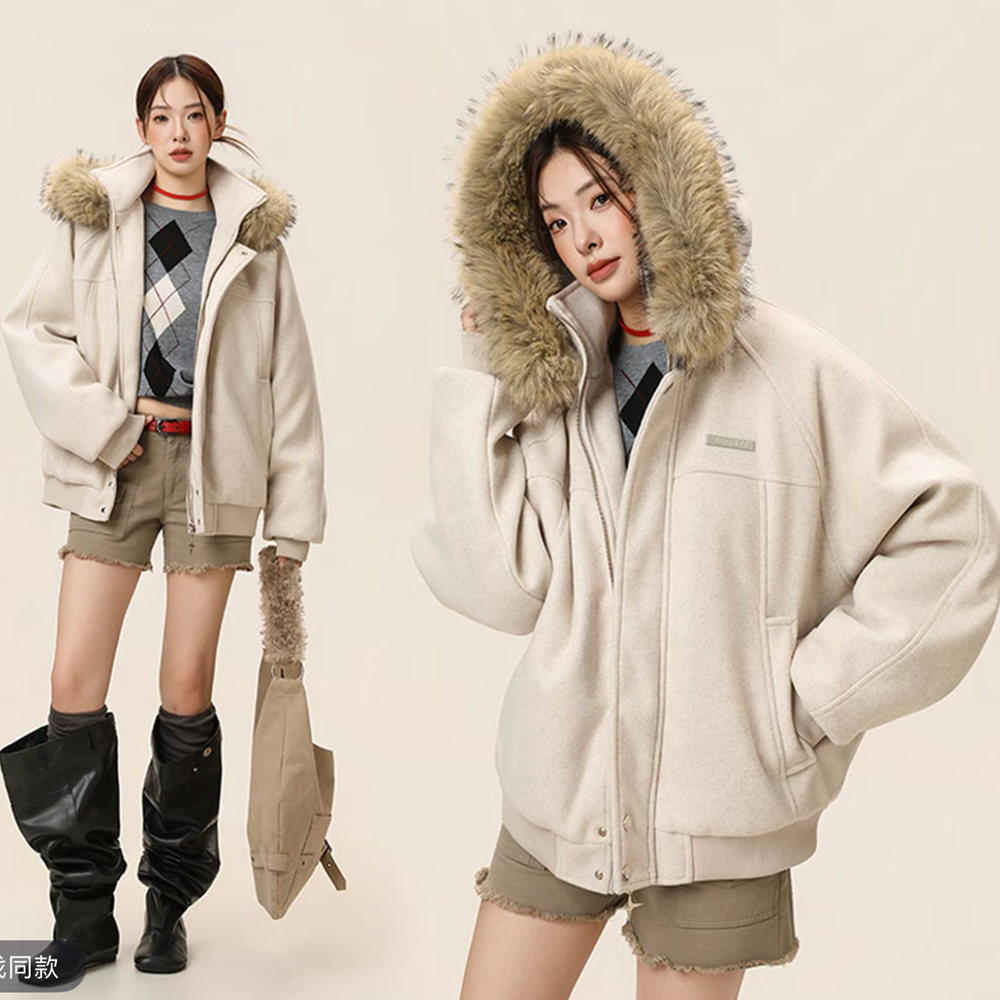 现货座山雕大毛领毛呢棉衣外套A093-M970-特P105卡其色，男装棉衣，电商A093