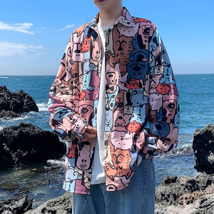 2025春装新款海边卡通印花冰丝长袖衬衫蓝色图片