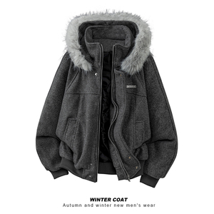 现货座山雕大毛领毛呢棉衣外套 A093-M970-特P105深灰，男装棉衣，电商A093